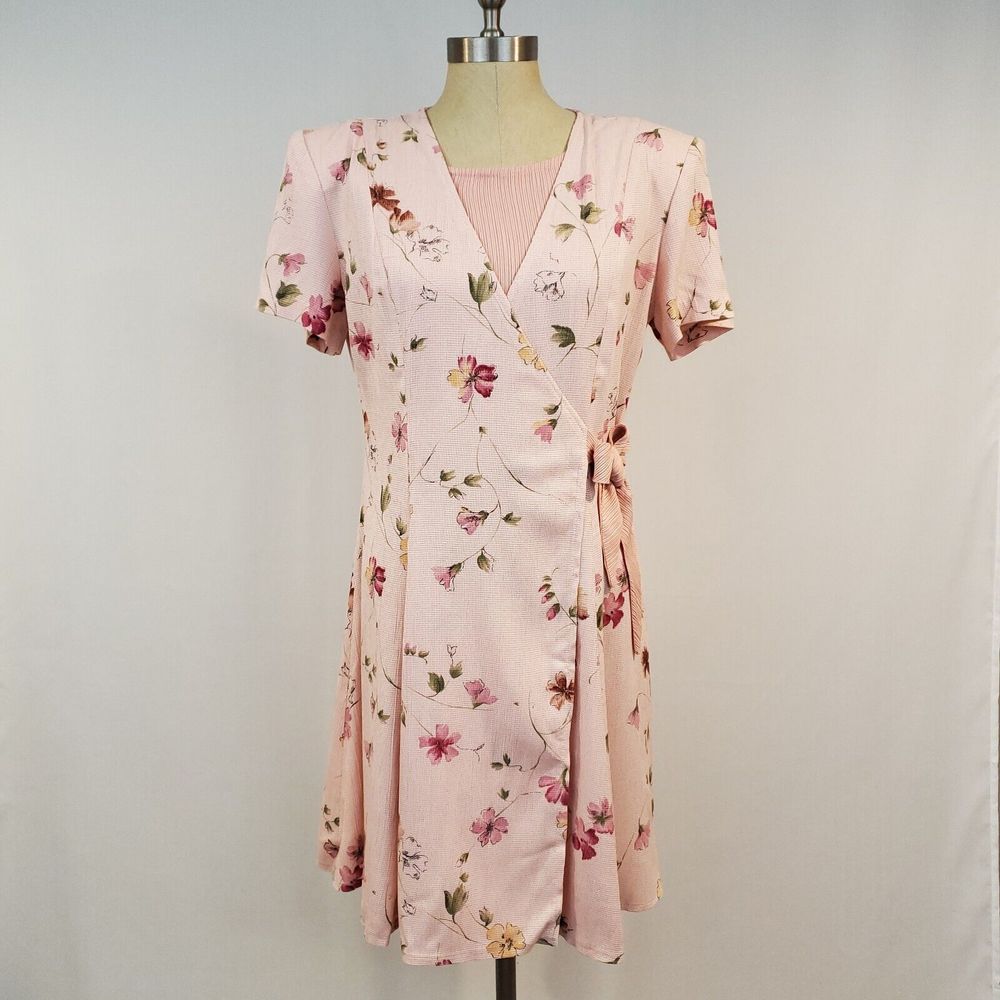 Vintage Betsys Things Sz 10 Floral Tea Dress 80s 90s Front tie Pink Shortsleeve
